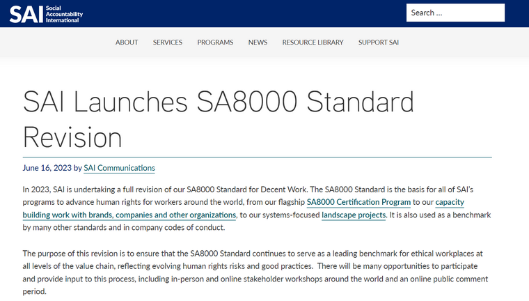 2023年SAI全面修订SA 8000社会责任标准，提升道德价值链，塑造社会责任基准