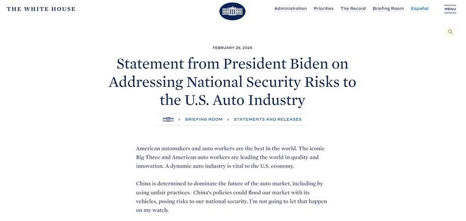 扯上“国家安全”,竞争不过就打压?拜登竟称要对中国汽车采取“前所未有行动”,外交部对此严厉谴责 扯上“国家安全”,竞争不过就打压?拜登竟称要对中国汽车采取“前所未有行动”,外交部对此严厉谴责