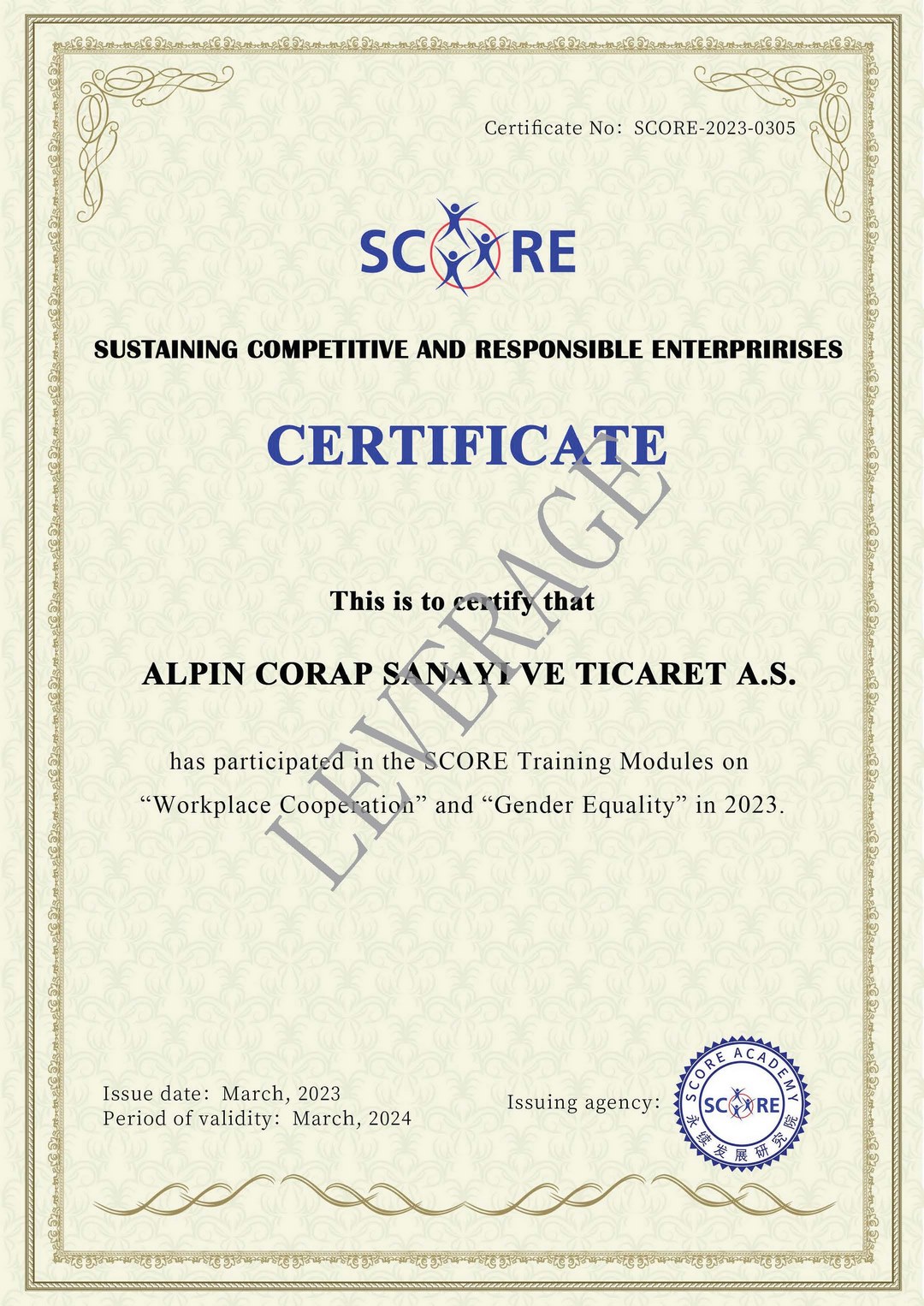 SCORE在土耳其ALPIN CORAP：加强企业内部建设，以实际行动践行可持续发展战略