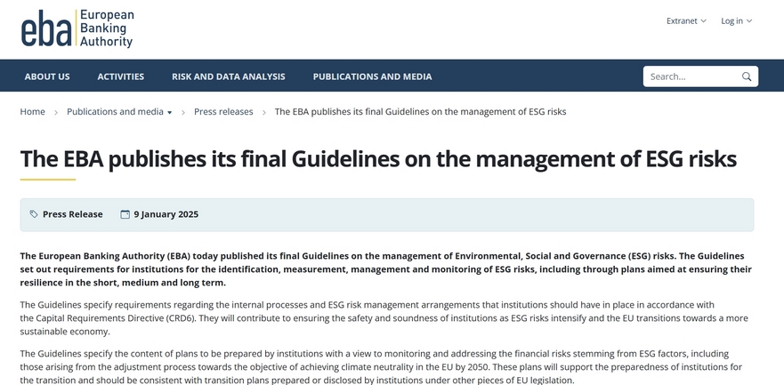 EBA发布ESG风险管理最终指南