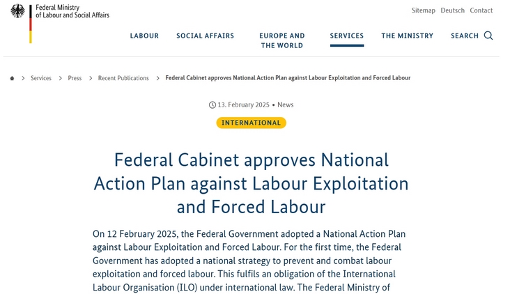 德国《反对劳动剥削和强迫劳动国家行动计划》：构建公平劳动环境的重要一步