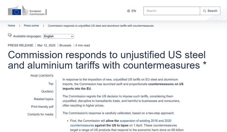 特朗普钢铝关税触发欧盟反制!4月起对价值260亿欧元美产品征关税 特朗普钢铝关税触发欧盟反制!4月起对价值260亿欧元美产品征关税