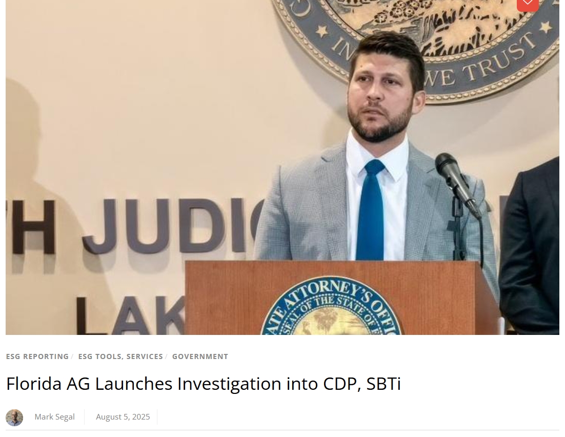 佛罗里达州总检察长对CDP和SBTi发起调查：ESG领域的“气候卡特尔”争议