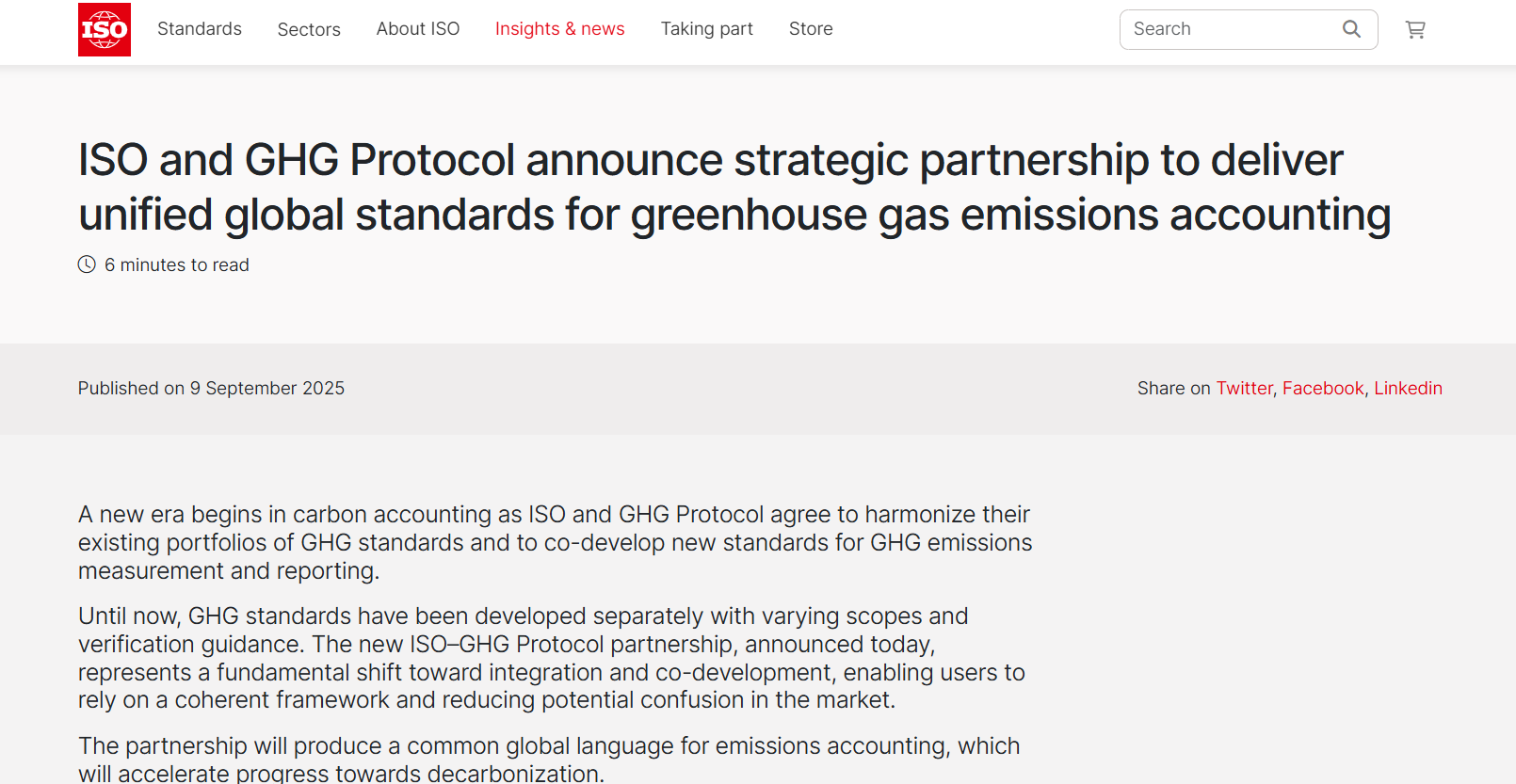 ISO与GHG Protocol达成历史性战略合作，旨在终结碳核算标准“碎片化”时代